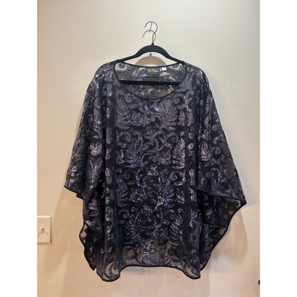 Bob Mackie Wearable Art Black Sequined‎ Lace Poncho Top 3X Gunmetal Artsy - Picture 2 of 6
